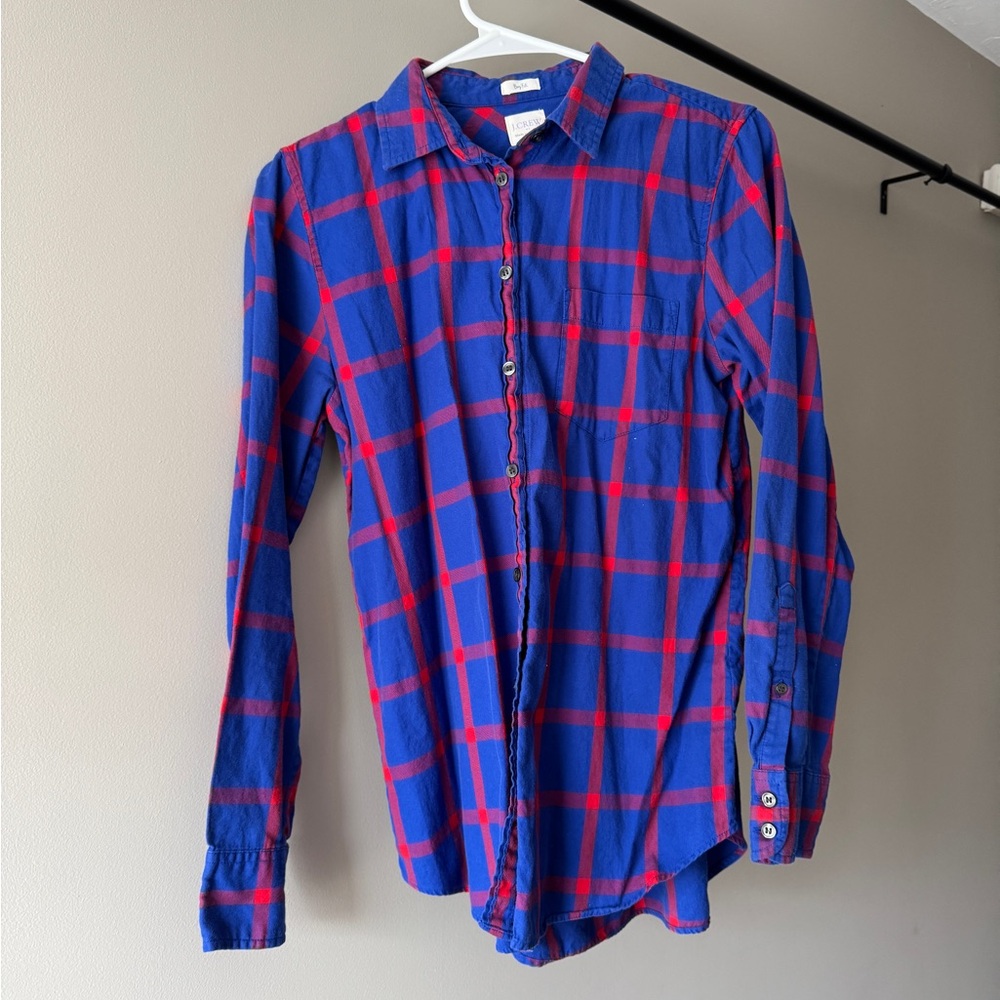 J. Crew Blue and Red Plaid Women’s Boy Fit Shirt